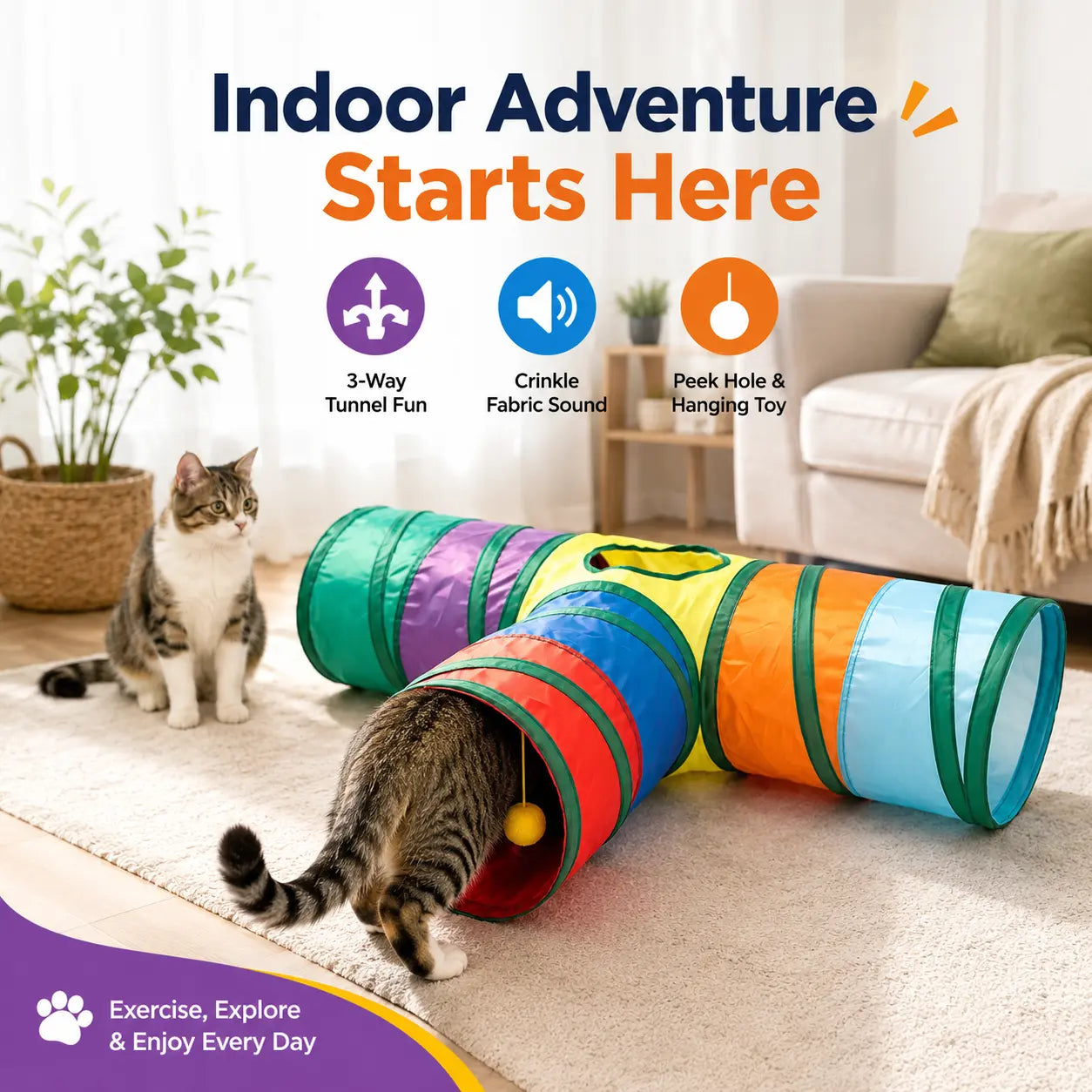 Collapsible Rainbow Cat Tunnel Toy - Interactive Crinkle Play Tube with Peek Hole for Kittens and Cats, Ideal for Indoor Exercise and Engaging Playtime