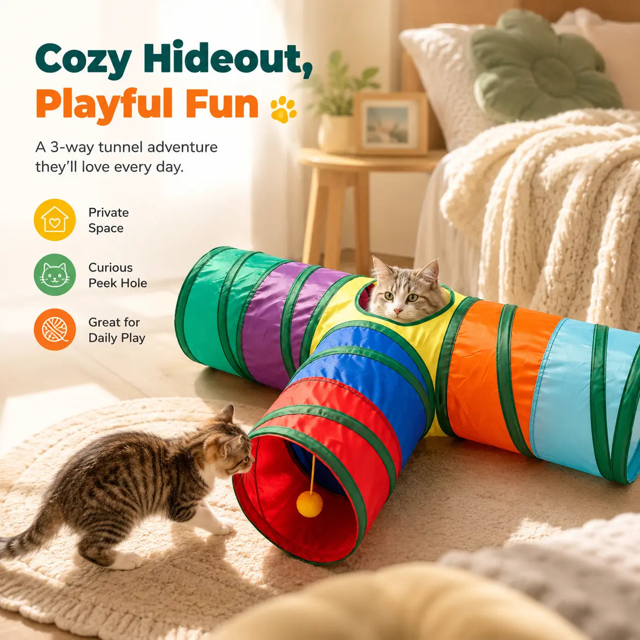 Collapsible Rainbow Cat Tunnel Toy - Interactive Crinkle Play Tube with Peek Hole for Kittens and Cats, Ideal for Indoor Exercise and Engaging Playtime