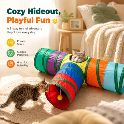Collapsible Rainbow Cat Tunnel Toy - Interactive Crinkle Play Tube with Peek Hole for Kittens and Cats, Ideal for Indoor Exercise and Engaging Playtime